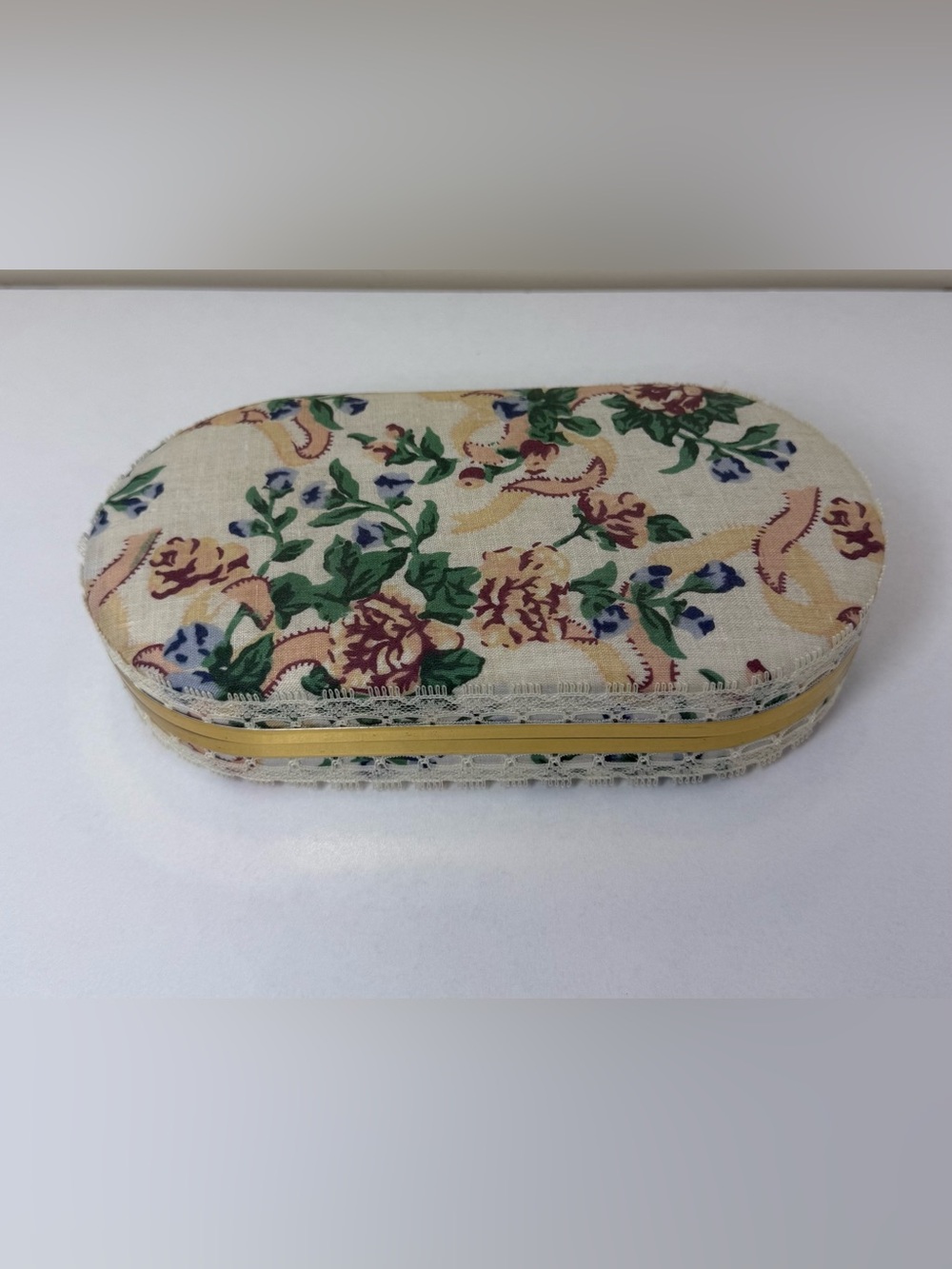 Vintage Floral Fabric Clamshell Jewelry Box Oval w/ Mirror, Lace & Gold trim